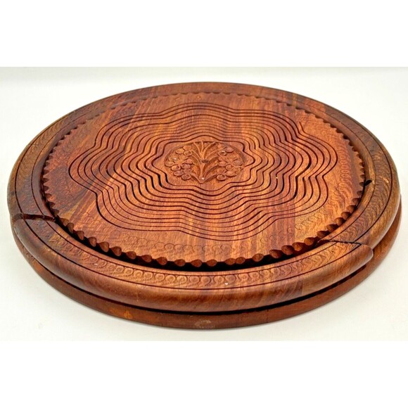 Handmade Carved Wooden Collapsible Basket Folding Dry‎ Fruit Handled Bowl Trivet - Picture 12 of 14
